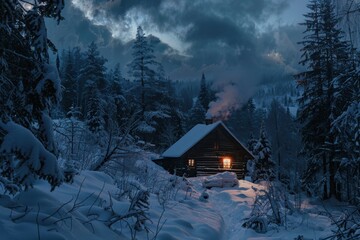 A snowy scene in a Scandinavian forest, with a cozy log cabin