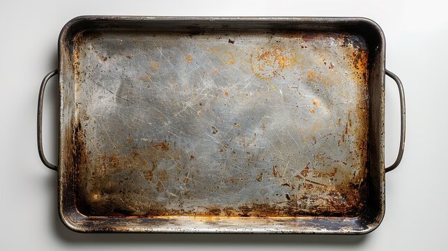 empty metal rectangular baking sheet on a white table,