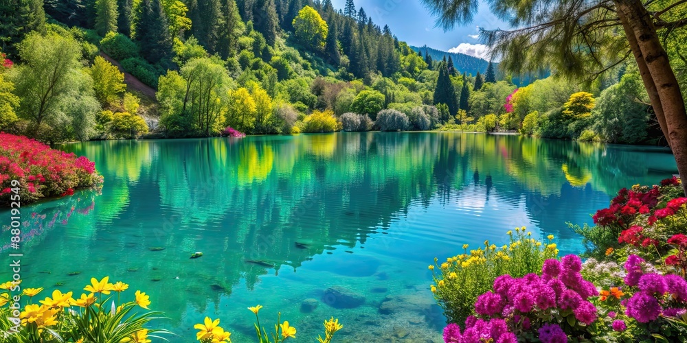 Sticker Turquoise lake surrounded by vibrant flowers and reflected trees , nature, flowers, blooms, landscape, serene, reflection