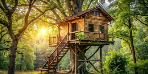 Treehouse with a cozy wooden cabin nestled in the branches , treehouse, tree, cabin, nature, outdoor, rustic