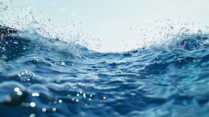 A 3D rendering of clear blue ocean wave water splashing, captured from below in daylight, set against a simple white background for isolation and clarity.