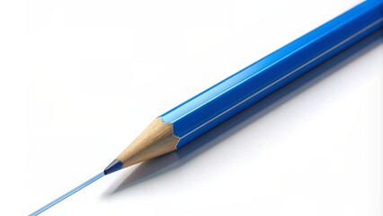 White background showcases a blue pencil's precise line and endpoint, symbolizing innovative thinking and educational creativity in a business context.