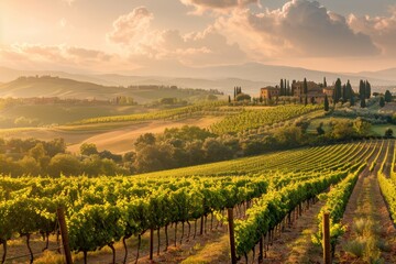 A sun-drenched vineyard in Tuscany, with rolling hills, rows of grapevines, and a rustic farmhouse in the distance