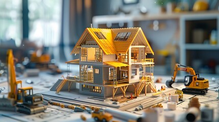 Construction site miniature model with yellow excavator and blueprints.