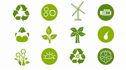 An icon set representing green energy, clean energy, and environmental alternative energy concepts