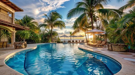 A luxurious beachfront resort swimming pool surrounded by tropical landscape