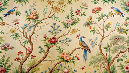 Vintage chinoiserie wallpaper featuring intricate bird and tree motifs, vintage, chinoiserie, wallpaper, birds, trees