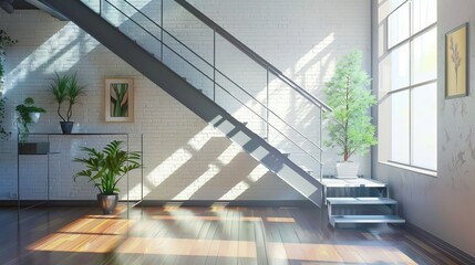 A modern metal stairway in a Scandinavian interior design setting