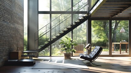 A modern metal stairway in a Scandinavian interior design setting