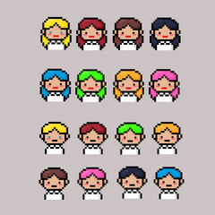 set of pixel art boy and girl student vector game 8 bit icon logo.