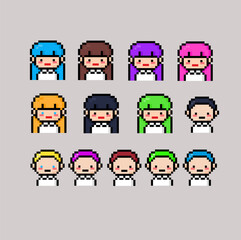 set of pixel art boy and girl student vector game 8 bit icon logo.
