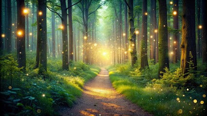 Obraz premium Serene forest trail with softly glowing particles in the background, peaceful, nature, trail, forest, serene, calm, beauty