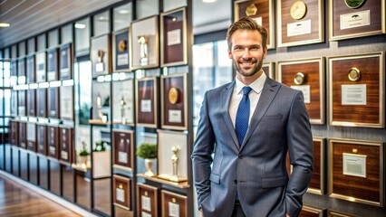 Fototapeta premium A confident business owner stands proudly in front of their sleek, modern office, surrounded by awards and certificates, showcasing their remarkable achievements.
