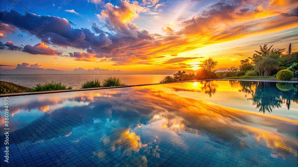 Wall mural View of a tranquil pool at sunset with vibrant colors reflecting on the water, pool, sunset, tranquil, vibrant, colors