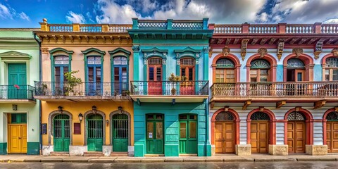 Fototapeta premium Traditional Cuban casa particular with colorful walls and wrought iron balconies , Cuban, casa particular