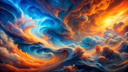 Vibrant swirling clouds of electric blue and orange hues merge in a mesmerizing abstract flow of dynamic fluid motion.