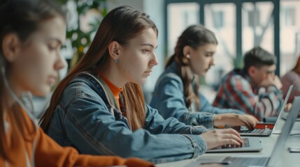 Focused students using laptops in a modern classroom environment, engaging in a digital learning session.