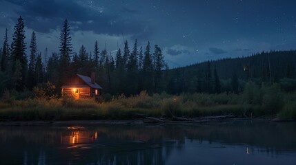 Fototapeta premium Nighttime campfire at Water Valley Cabin in Alberta