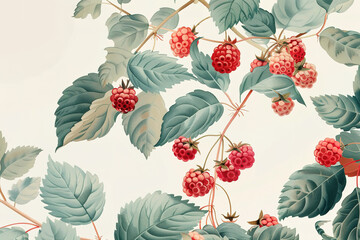 Naklejka premium vintage botanical illustration of raspberries, with leaves on the branch, isolated background