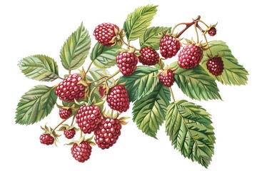 vintage botanical illustration of raspberries, with leaves on the branch, isolated background