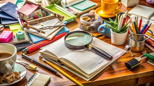 A cluttered desk with notes, footnotes, and a magnifying glass amidst household items, symbolizing a determined housewife's search for clarity.