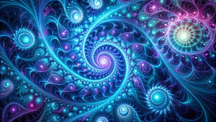 Abstract futuristic seamless pattern of swirling fractals and nodes illustrating complex machine learning algorithms in cyan and purple hues.