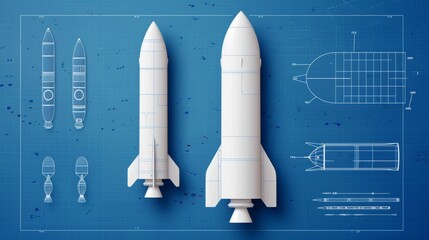 Obraz premium Detailed schematics of a rocket frame, showcasing innovative engineering and cutting-edge technology, blueprints and technical drawings