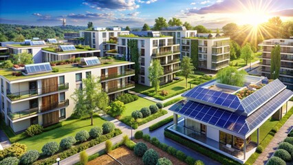 Fototapeta premium Modern residential complex blueprint with Integrated solar panels and green architecture features on a large-scale sustainable urban development plan.