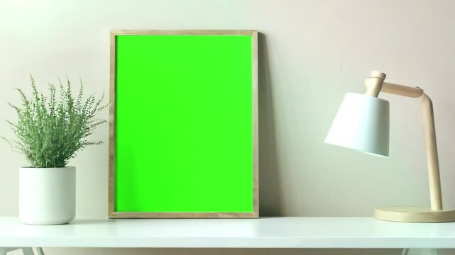 3D rendering. Mockup poster frame Green Screen  with minimalist modern interior background.