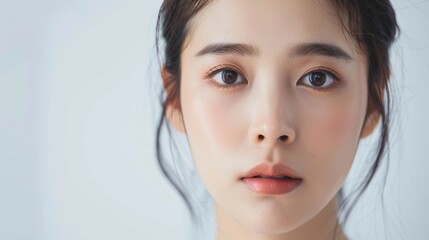 Fototapeta premium Asian woman with beautiful face and fresh, perfect skin Cute model with natural makeup and sparkling eyes on white isolated background. Facial skin treatment, beauty, beauty