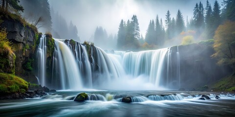 Fototapeta premium Waterfall in the fog surrounded by misty atmosphere , nature, mist, waterfall, fog, serene, tranquil, outdoor, landscape