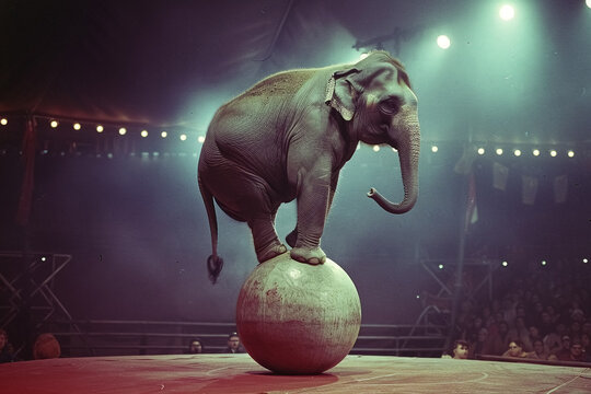elephant balancing on a ball standing in a circus ring