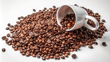 Naklejka premium Scattered dark brown coffee beans surround an overturned white ceramic cup on a pristine white isolated background.