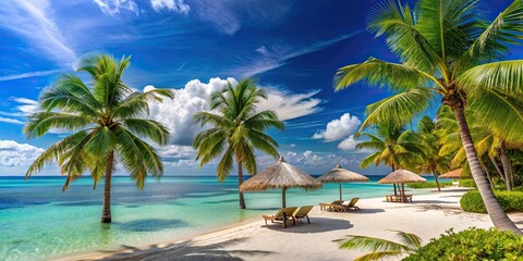 Naklejka premium Tropical beach scene with palm trees, umbrellas, and crystal clear water, beach, scene, tropical, palm trees