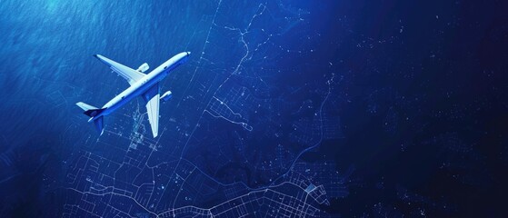 Aerial view of an airplane flying over the deep ocean, illuminating the city grids below