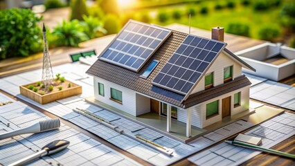 Model of modern house with solar panels on desk, surrounded by architectural drawings and calculators, for efficient energy planning.
