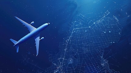 Fototapeta premium Aerial view of an airplane flying over the deep ocean, illuminating the city grids below