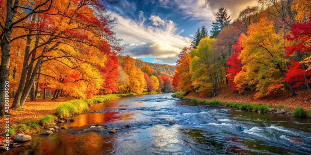 Wall mural Vibrant autumn landscape with colorful leaves and peaceful flowing river, autumn, landscape, colorful, leaves, river, peaceful