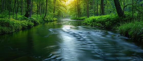 Serene forest stream at dawn, with soft sunlight filtering through lush green trees and reflecting on the calm water surface.