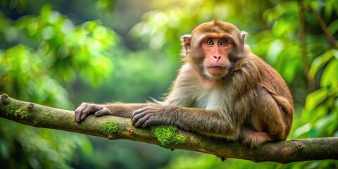 Fototapeta premium Wild macaque with long fur relaxes on a tree branch in a lush green forest, wild, macaque, long fur, relax, tree branch, lush