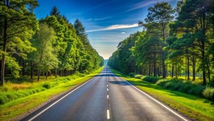 Fototapeta premium Serene endless straight asphalt road stretches into horizon surrounded by lush vibrant greenery and occasional tall trees under blue sky.