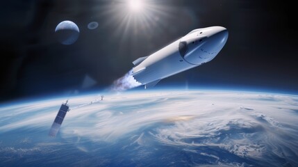 Starship prototype docking with a satellite, showcasing cutting-edge aerospace technology and futuristic design in the vastness of space