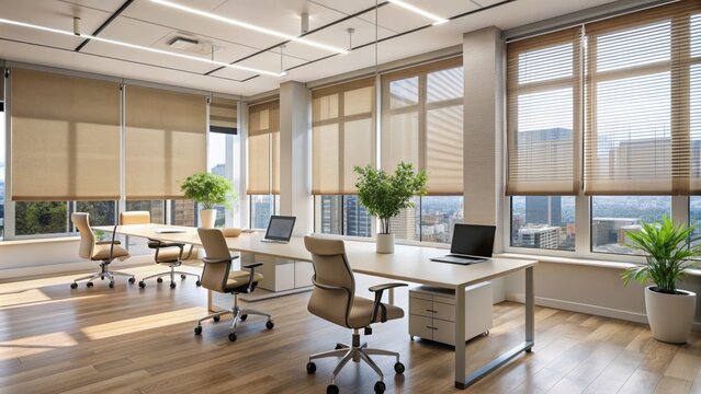 Elegant beige roller blind adorns stylish modern office windows with sleek shutters on plastic frames, exuding sophistication and minimalism.