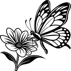 Simple Line Art of a Butterfly Landing on a Flower (1) Vector Design and illustration