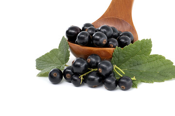 Fresh black currants in a wooden spoon with green leaves on a white background