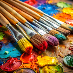 Obraz premium used brushes on an artist s palette of colorful