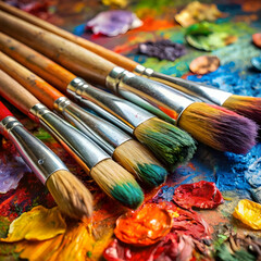Fototapeta premium used brushes on an artist s palette of colorful