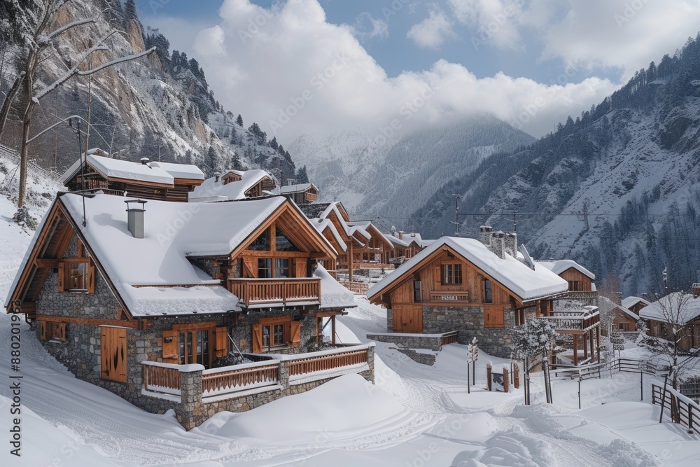 Wall mural A quaint alpine village nestled in a snowy valley, where timbered chalets huddle beneath the shadow of towering snow-capped peaks. 