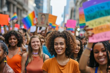 Fototapeta premium Diverse group at LGBTQ+ pride parade, holding signs and flags. Smiling faces reflect celebration, unity, and acceptance. Captures vibrant community spirit and joy of inclusivity and equality.