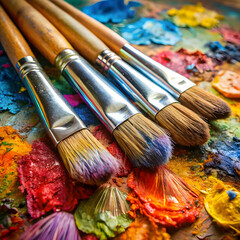 Fototapeta premium used brushes on an artist s palette of colorful